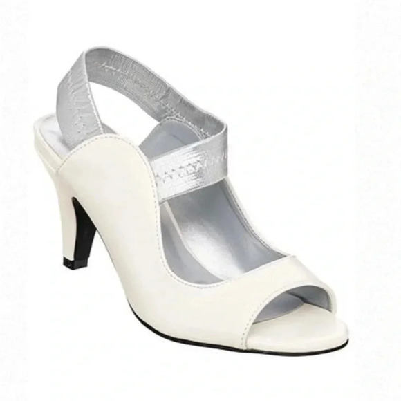 ANGEL STEPS* Women's Adult Abagail Open Toe White Silver Slingback Dress Heel - Picture 1 of 5